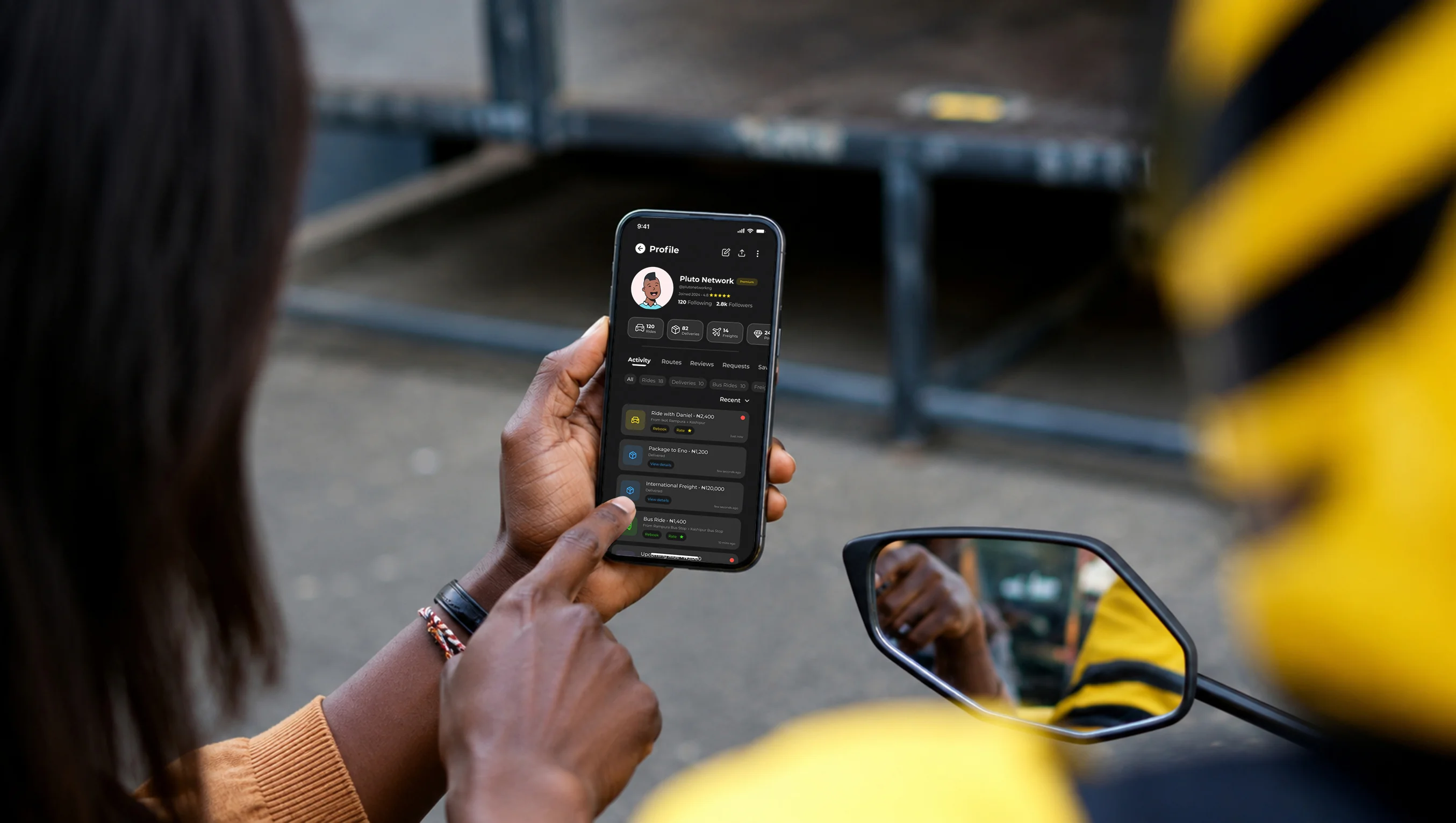 Passenger viewing ride history and account details on Spride app