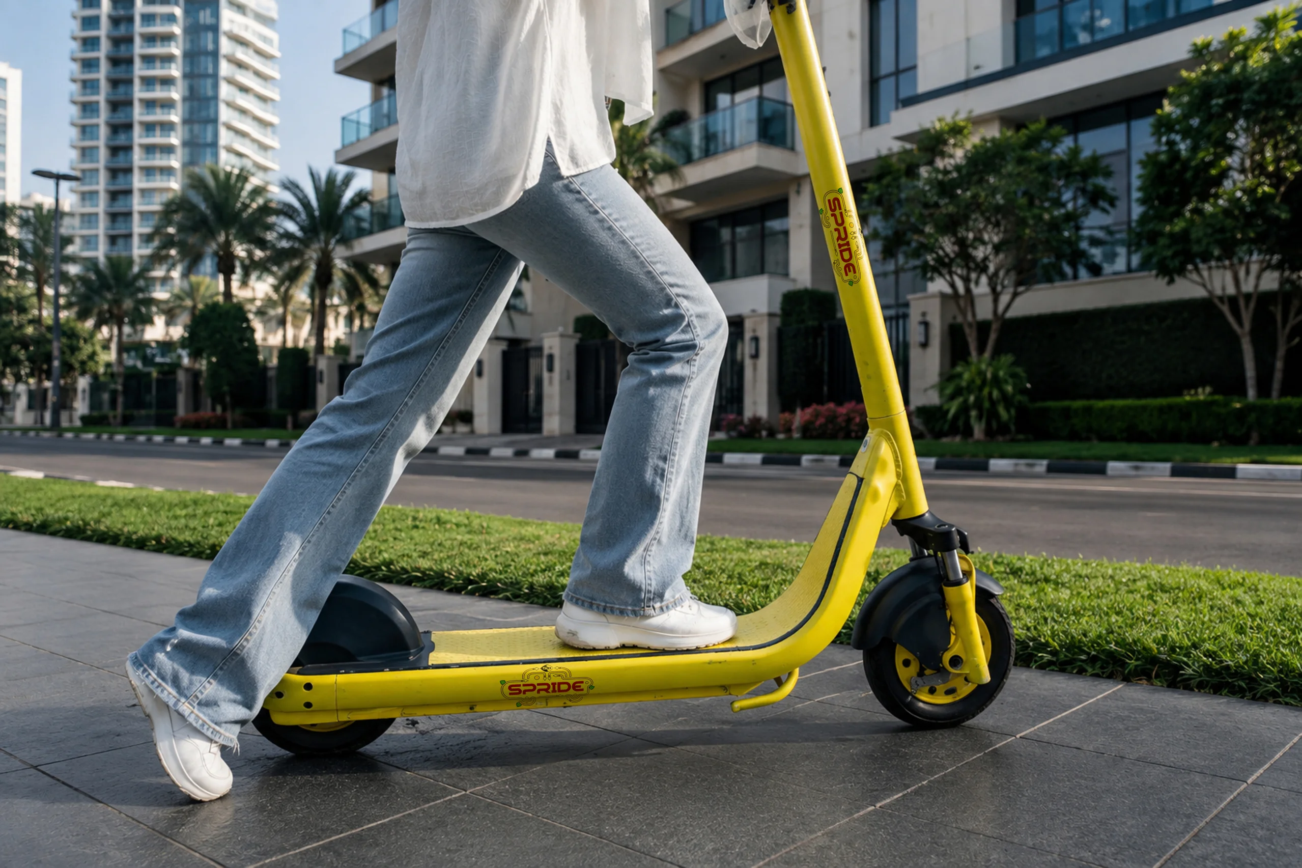 Person riding a yellow Spride electric scooter along sidewalk