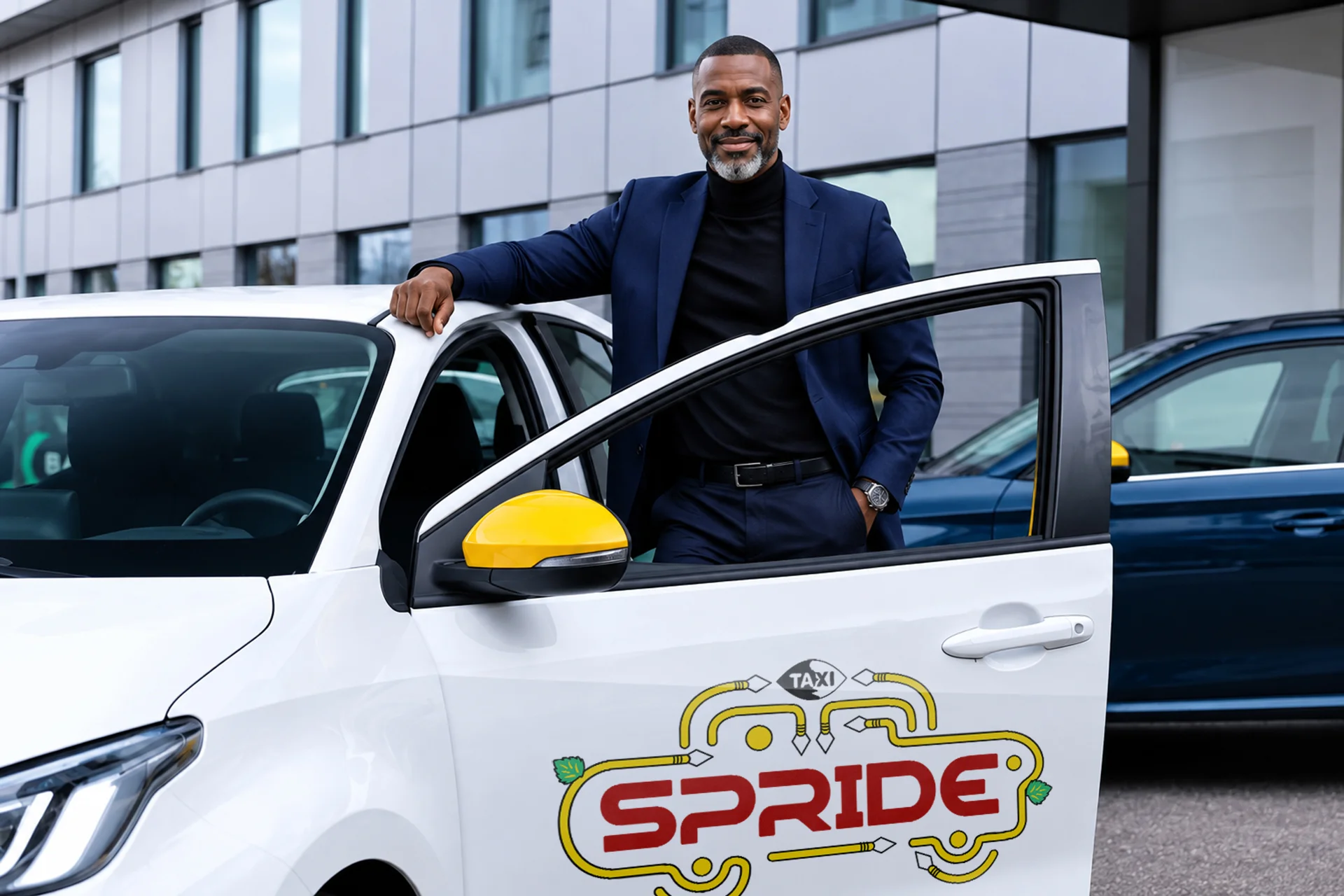 Professional driver partner next to Spride vehicle