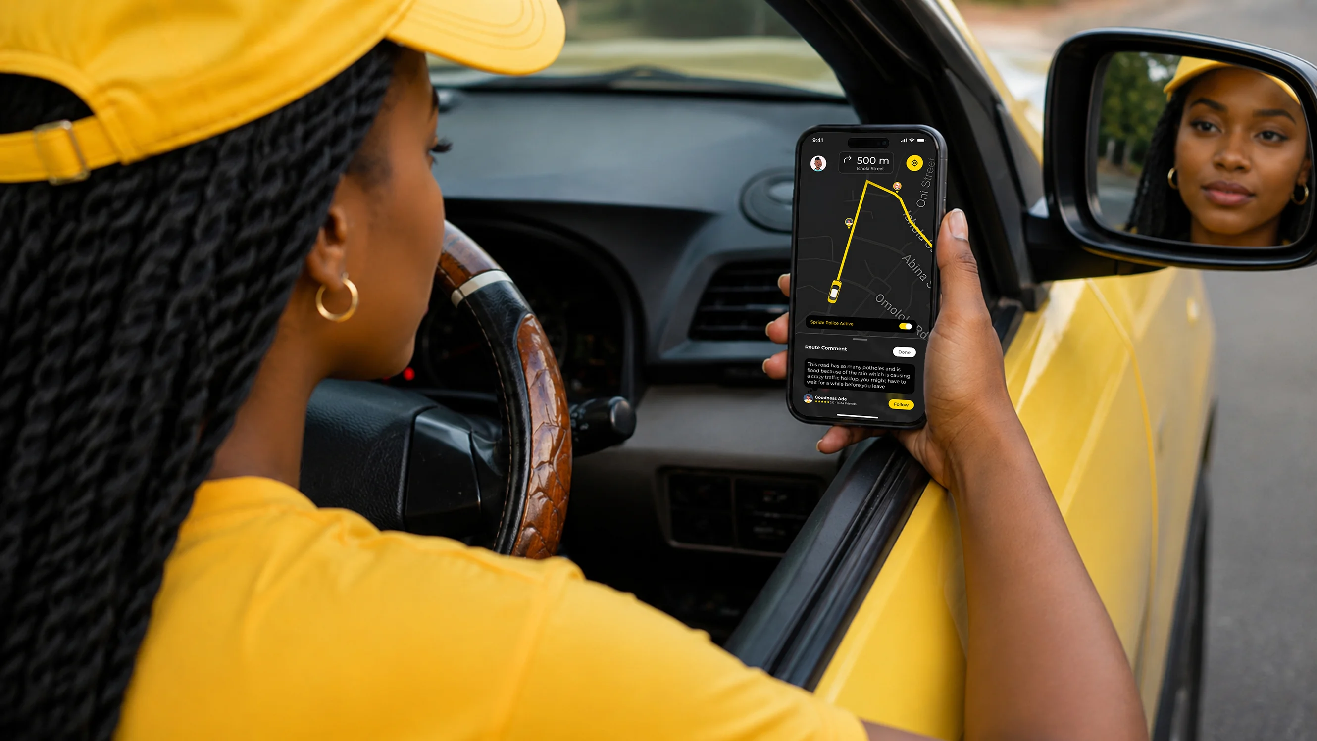 Spride driver navigation interface with active Spride Police safety tracking