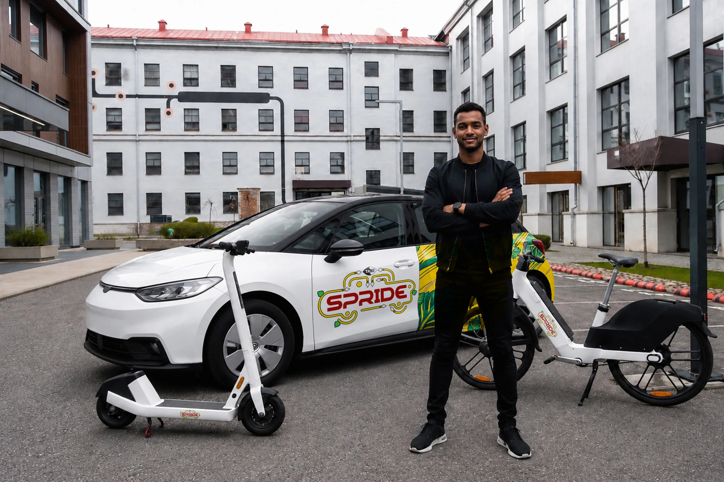 Spride multi-modal ecosystem with electric car, scooter, and bicycle