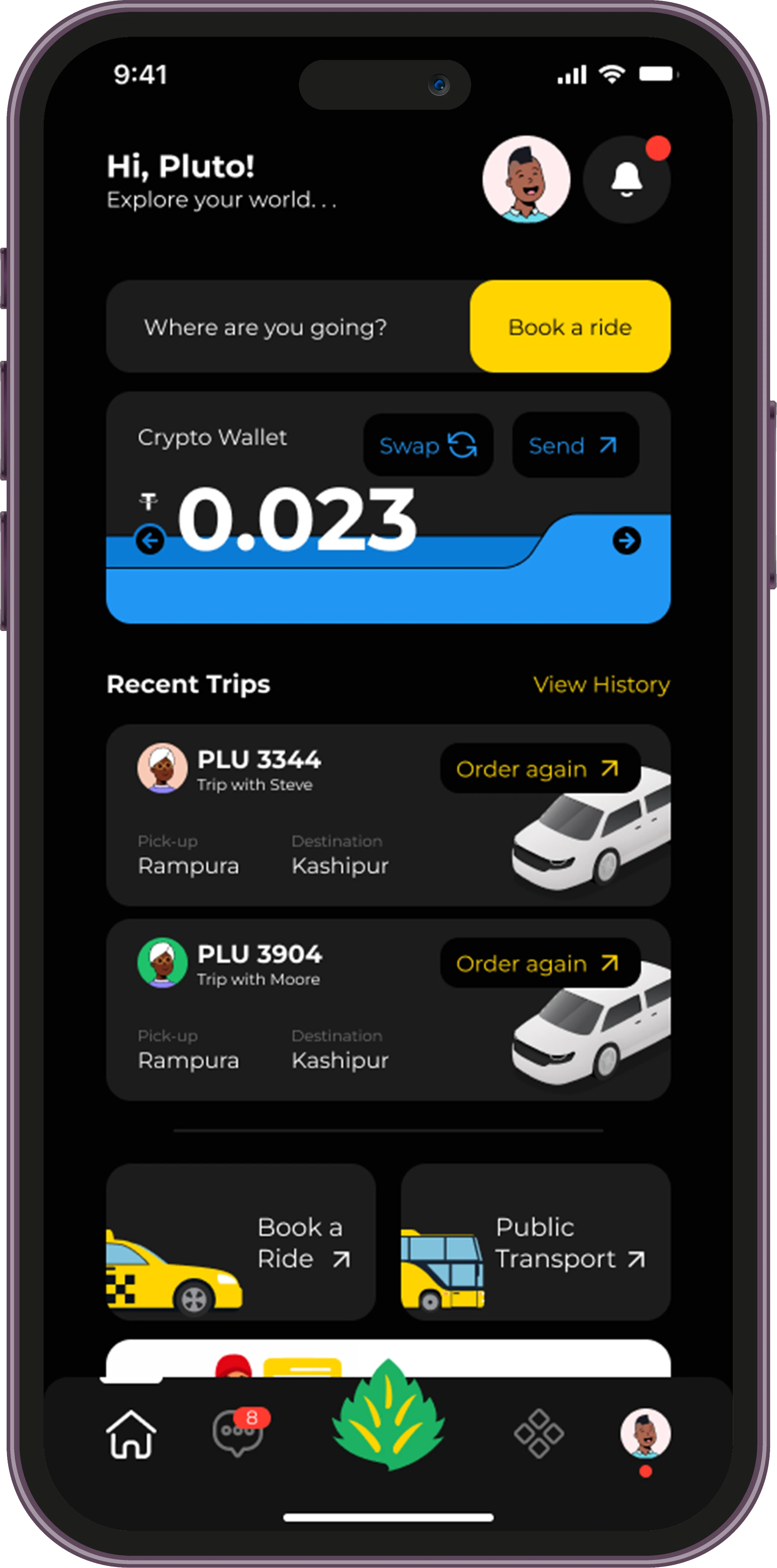 Spride app home dashboard and crypto wallet