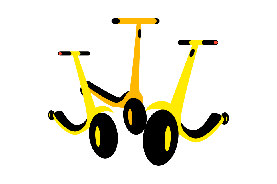 Three yellow electric scooters