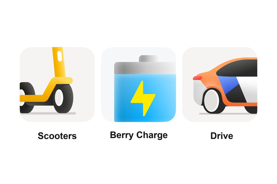 Three services icons: Scooters, Berry Charge powerbank, Drive car